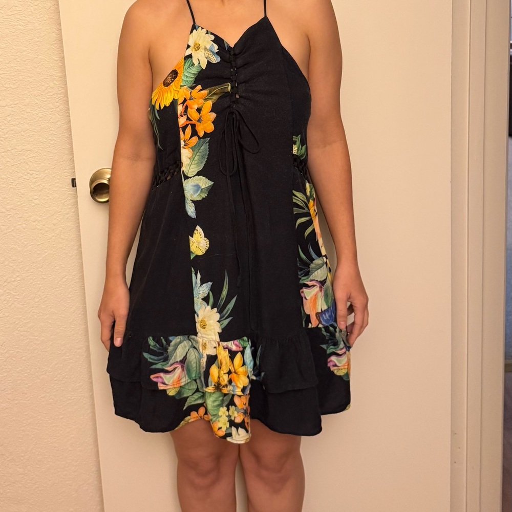 FARM RIO Floral Halter Dress - Black with Yellow and Green Accents